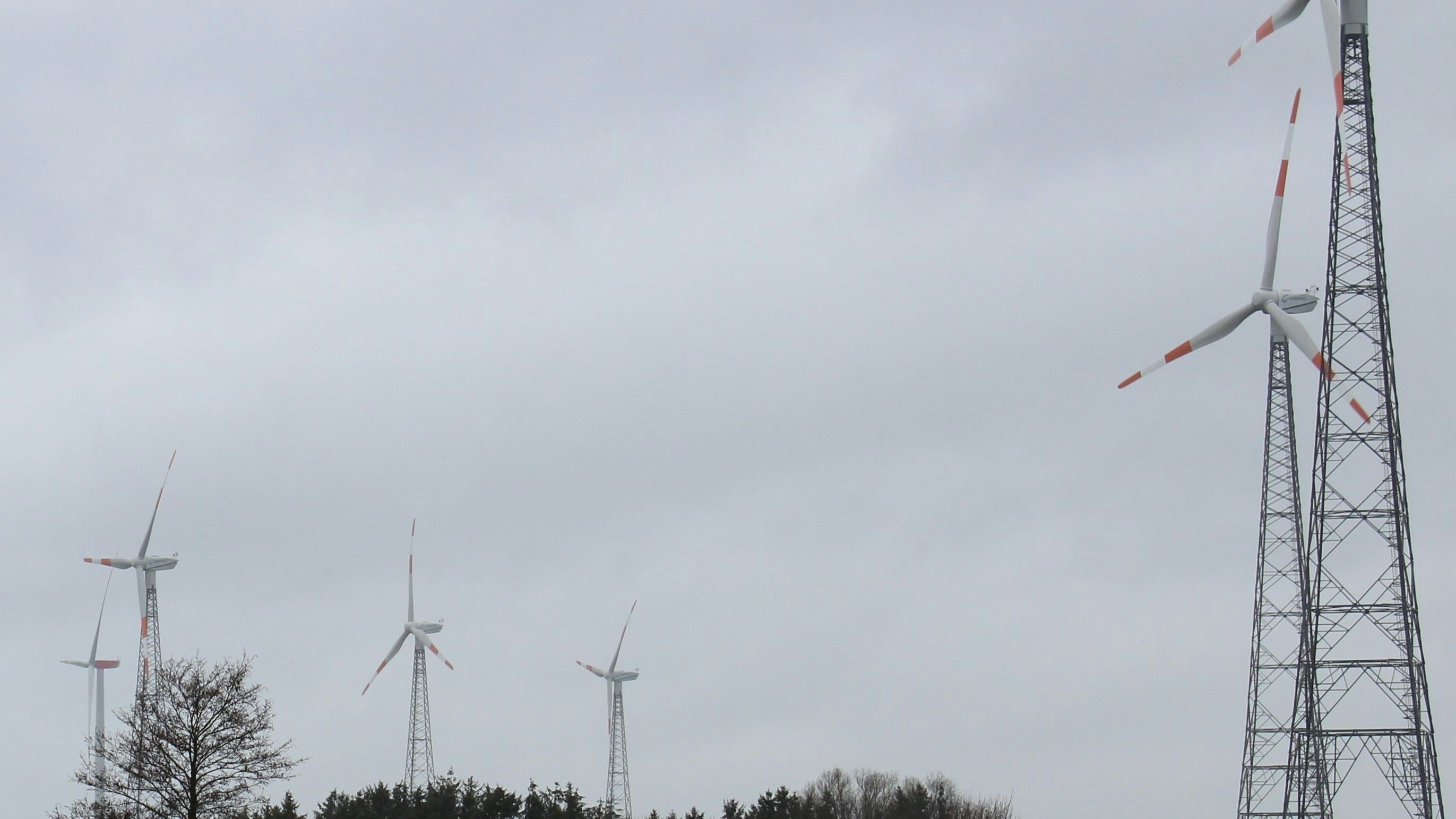 Das ist der Windpark Badbergen-Dinklage: Die Betreiber wollen die fünf in Bünne bestehenden Anlagen durch vier neue, leistungsfähigere und vor allem größere Windräder ersetzen. Foto: Bergmann