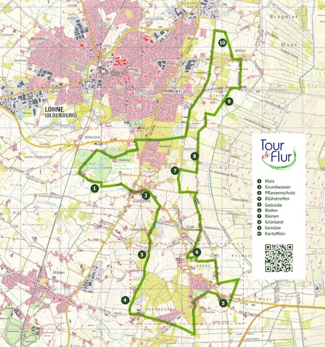 25,4 Kilometer, 10 Stationen, Start am Gut Brettberg: Die Tour de Flur 2021 führt Fahrradfahrer durch den Osten der Stadt Lohne. Grafik: Kreislandvolk Vechta