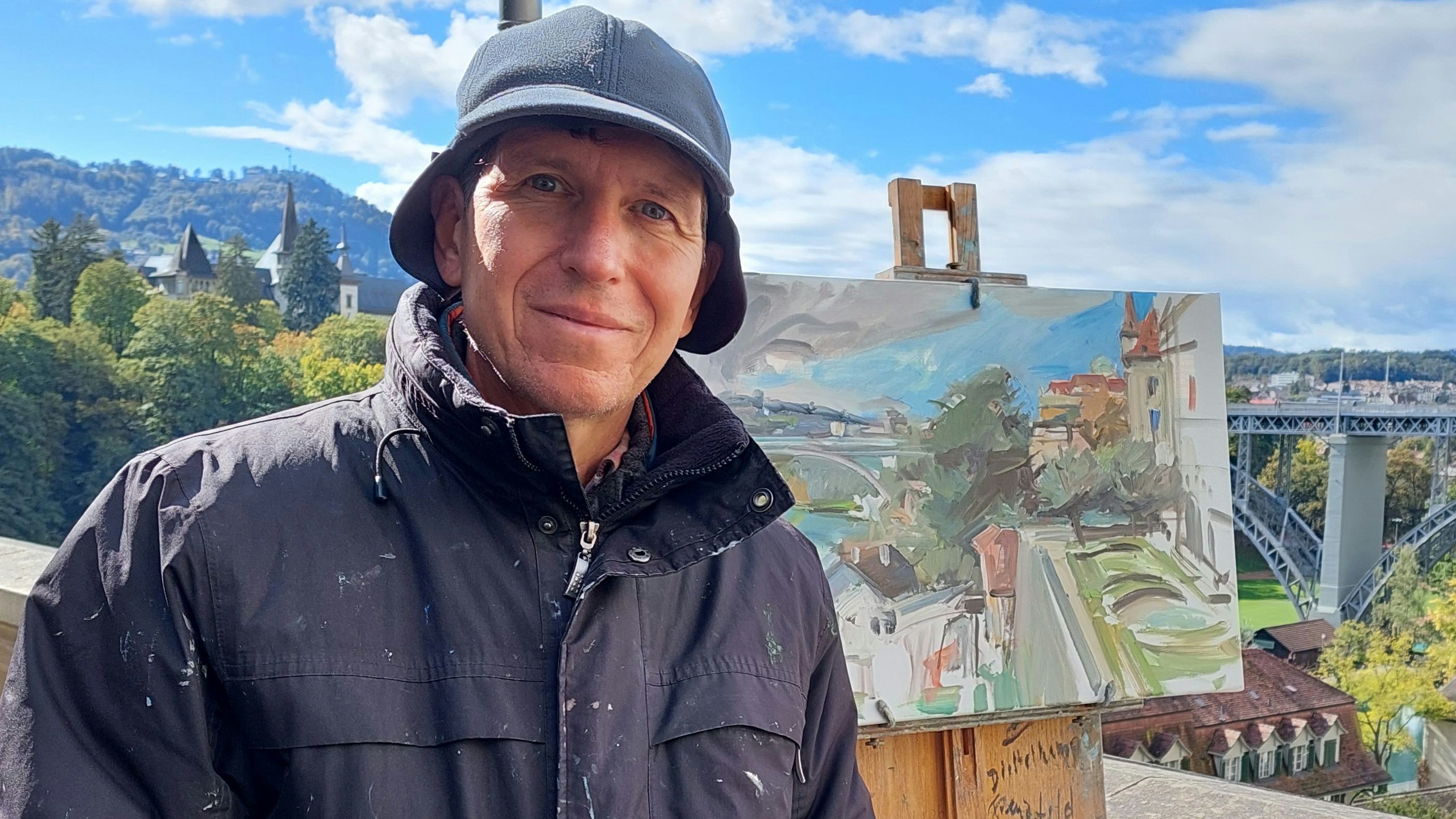 Künstler Tobias Duwe beim Malen in Bern 2021. Vom 25. März bis zum 1. Mai werden seine Werke sowie die von Meike Lipp im Kunstverein "Die Wassermühle" zu sehen sein. Foto: Duwe