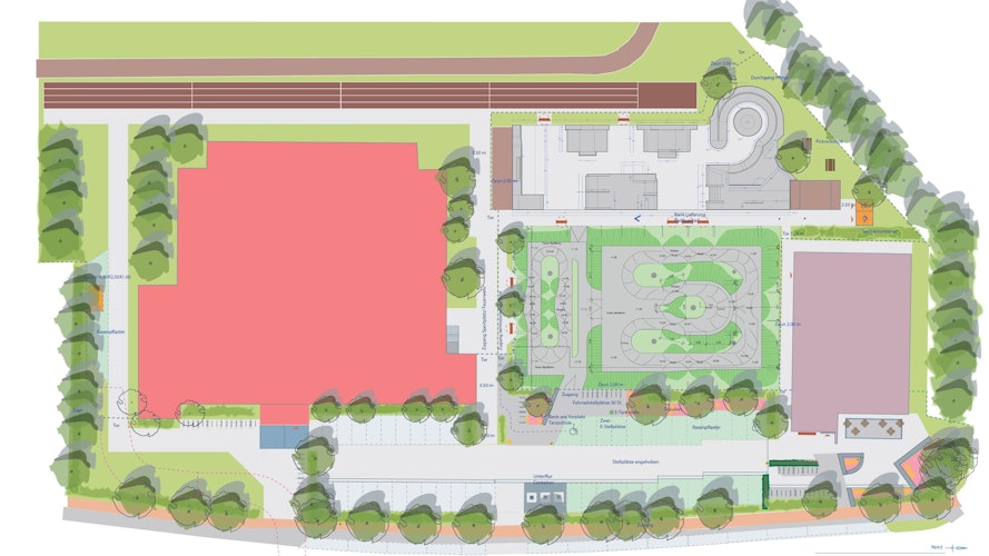 So soll das Areal zwischen Sporthalle (links) und Tanzhalle am Adenauerring gestaltet werden. Grafik: Hyco Verhaagen