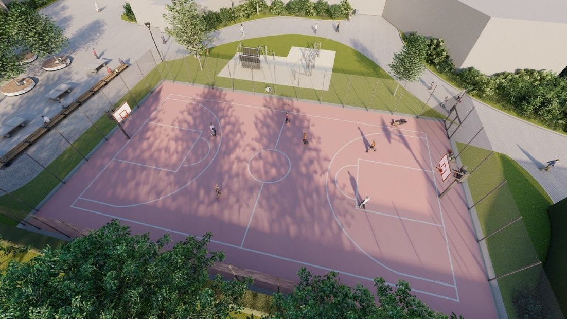 Ein Platz für die Jugend: So soll das neue Basketballfeld auf dem gemeinsamen Schulhof der Realschule und der Stegemannschule aussehen. Visualisierung: Müller Dams Landschaften