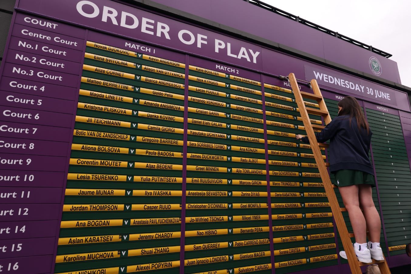 Tradition verpflichtet: In Wimbledon gibt's den Spielplan noch per Hand mit Namensschildern. Am Dienstag taucht auch der Name von Julia Middendorf beim „Order of Play“ auf. Foto: dpa / Paston