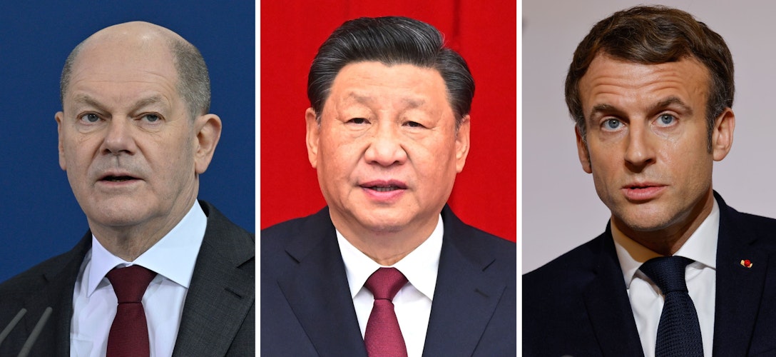 Bundeskanzler Olaf Scholz (SPD, von links), Xi Jinping, Präsident von China, am 31.12.2021 und Emmanuel Macron, Präsident von Frankreich. Foto: dpa