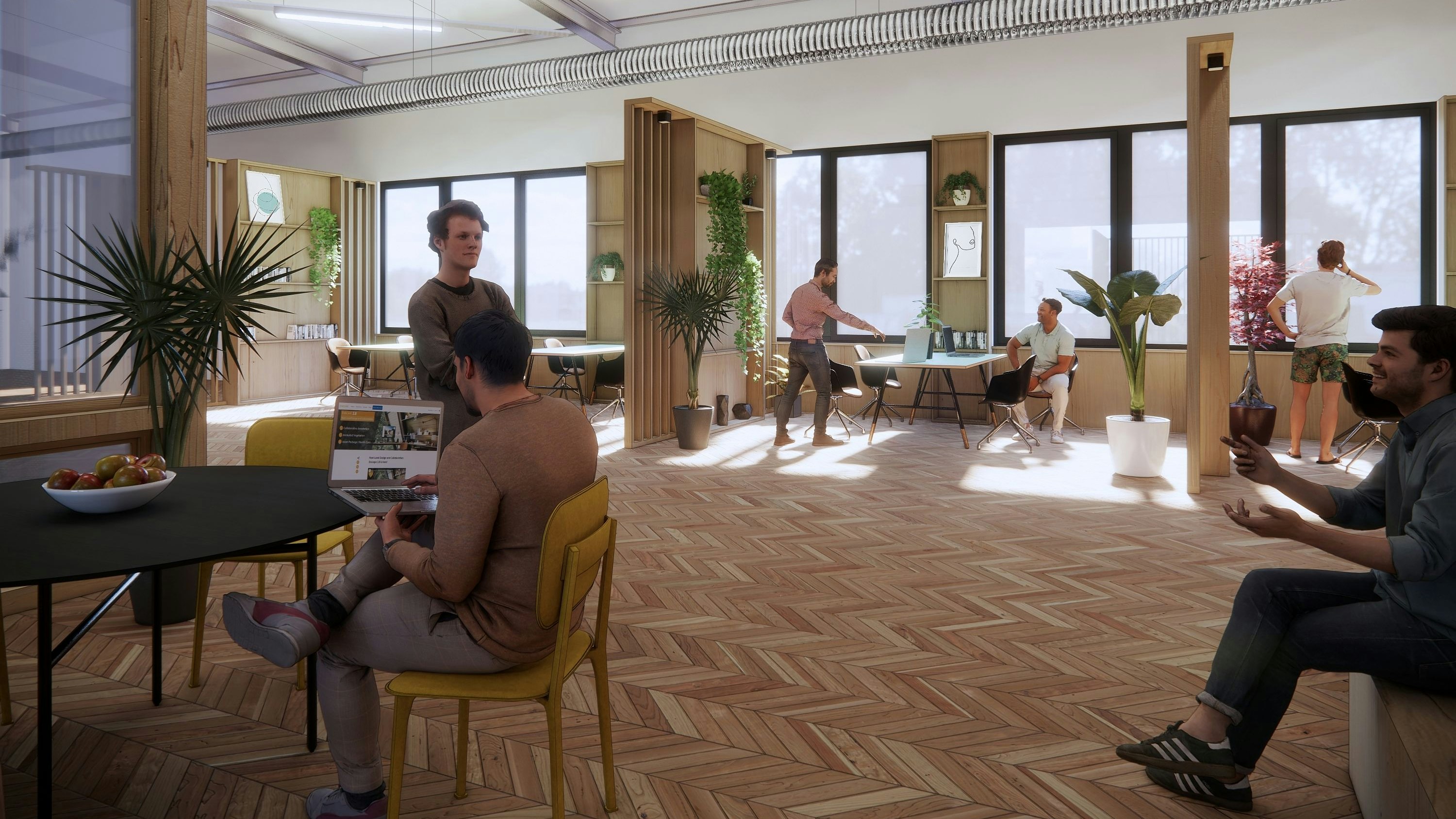 Neue Arbeitswelt: Das Herz des Innovationscampus ist ein Loft-Büro mit Coworking Space,&nbsp;Start-up-Area und Meetingräumen. Grafik: Niehues