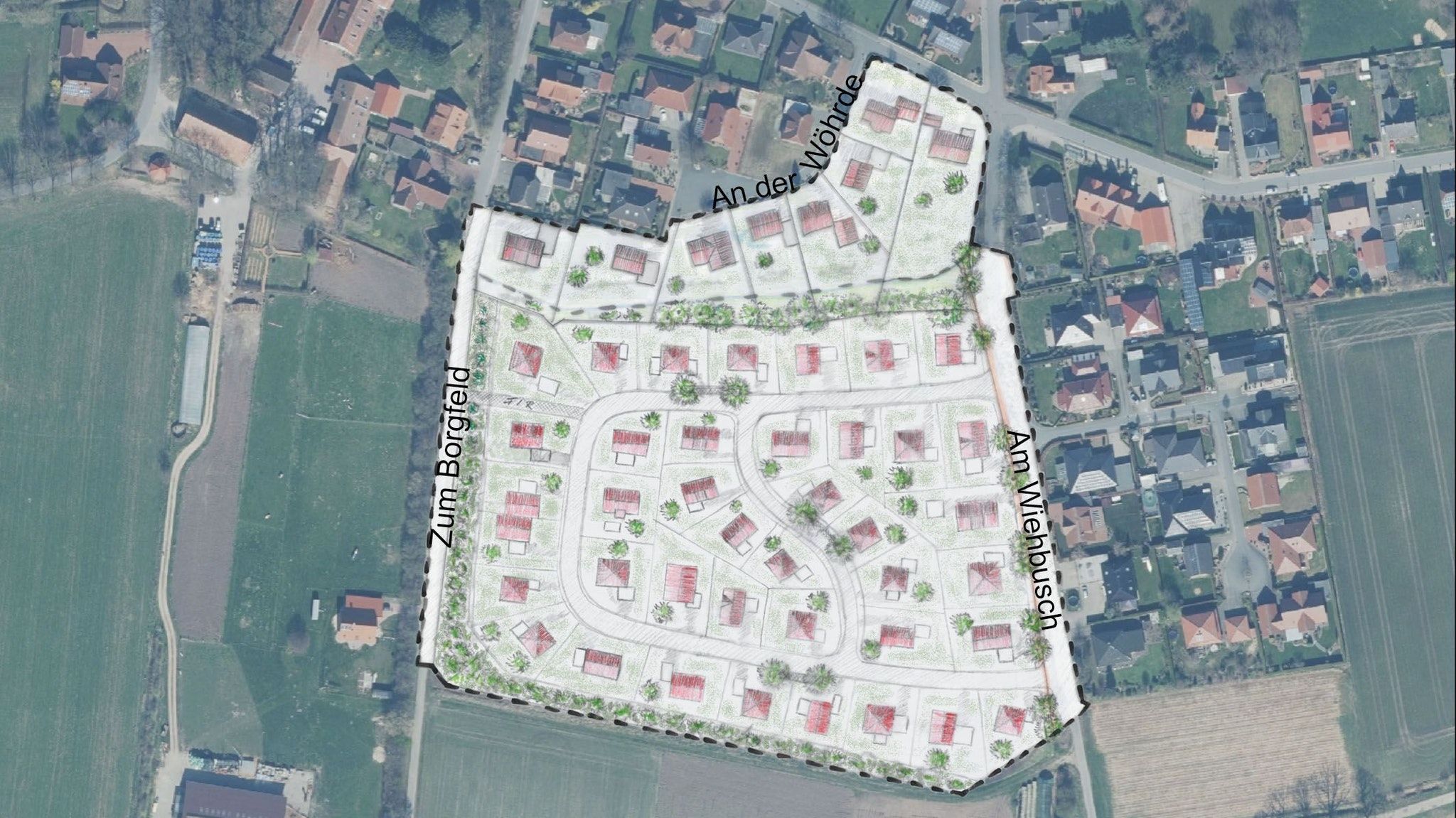 Viel Platz für Häuslebauer: Das Baugebiet zwischen den Straßen Zum Borgfeld/Am Wiehbusch in Deindrup umfasst rund 4,7 Hektar. Die Grundstücke sind aufgrund der großen Nachfrage verlost worden. Zeichnung: Stadt Vechta