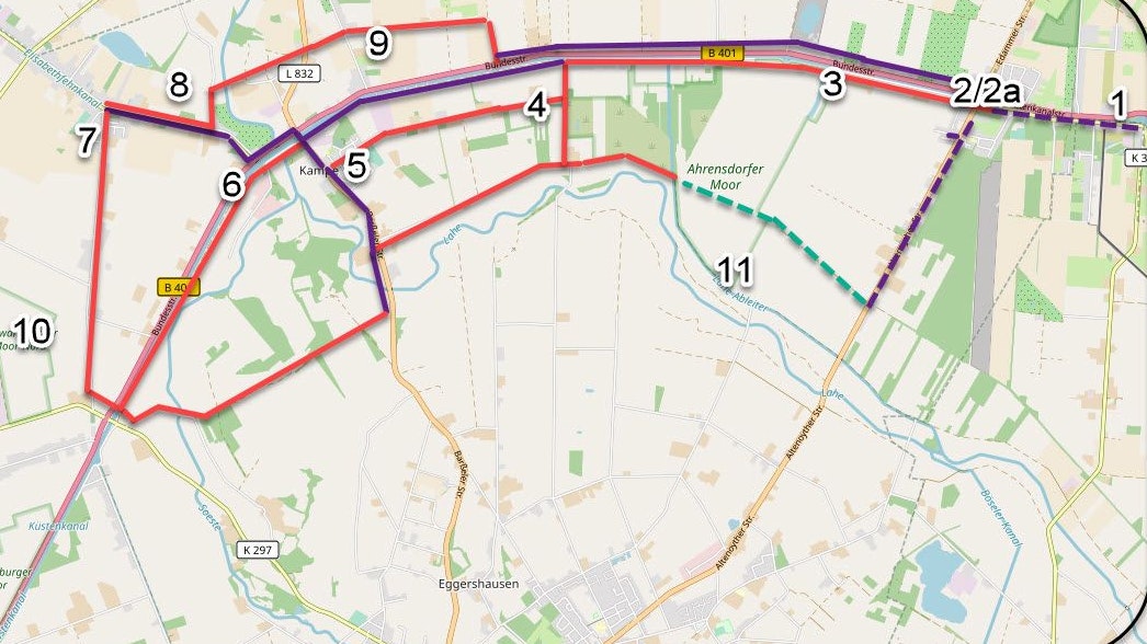 Erster Entwurf: Über Radwege (lila) und an Straßen entlang (rot) führt die von Manfred Gröneweg entworfe Rundtour auf unterschiedlichen Strecken durch die Kanaldörfer. Grafik: Gröneweg/openStreetmap