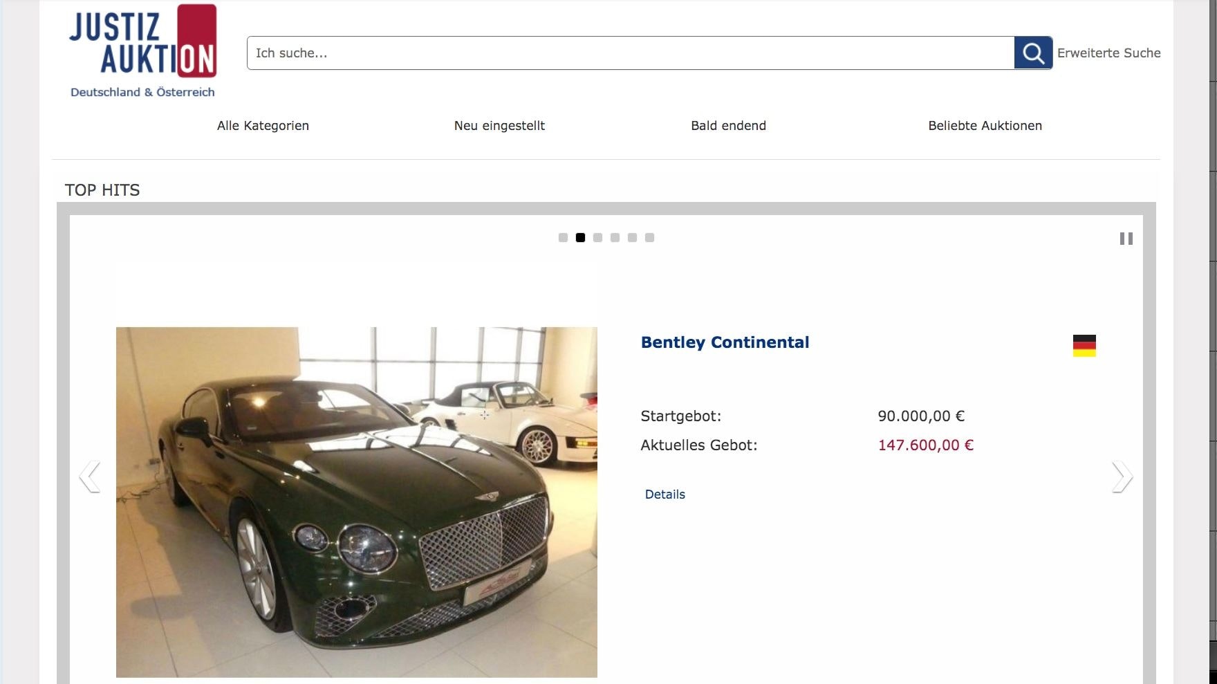 Mindestwert schnell überstiegen: Der grüne Bentley Continental kletterte schnell von 90.000 auf 147.600 Euro am Freitagvormittag. Foto: M. Niehues