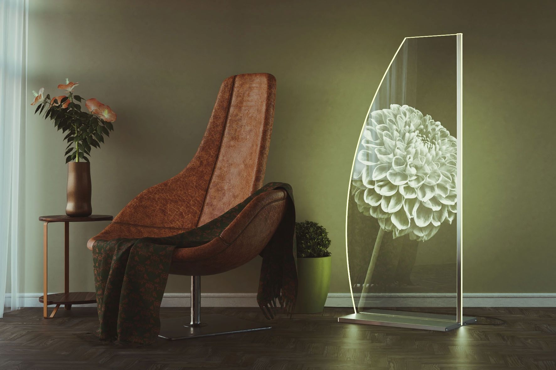 Eine fotorealistische Blume leuchtet aus der Lampe heraus. Foto: djd/inCrystal