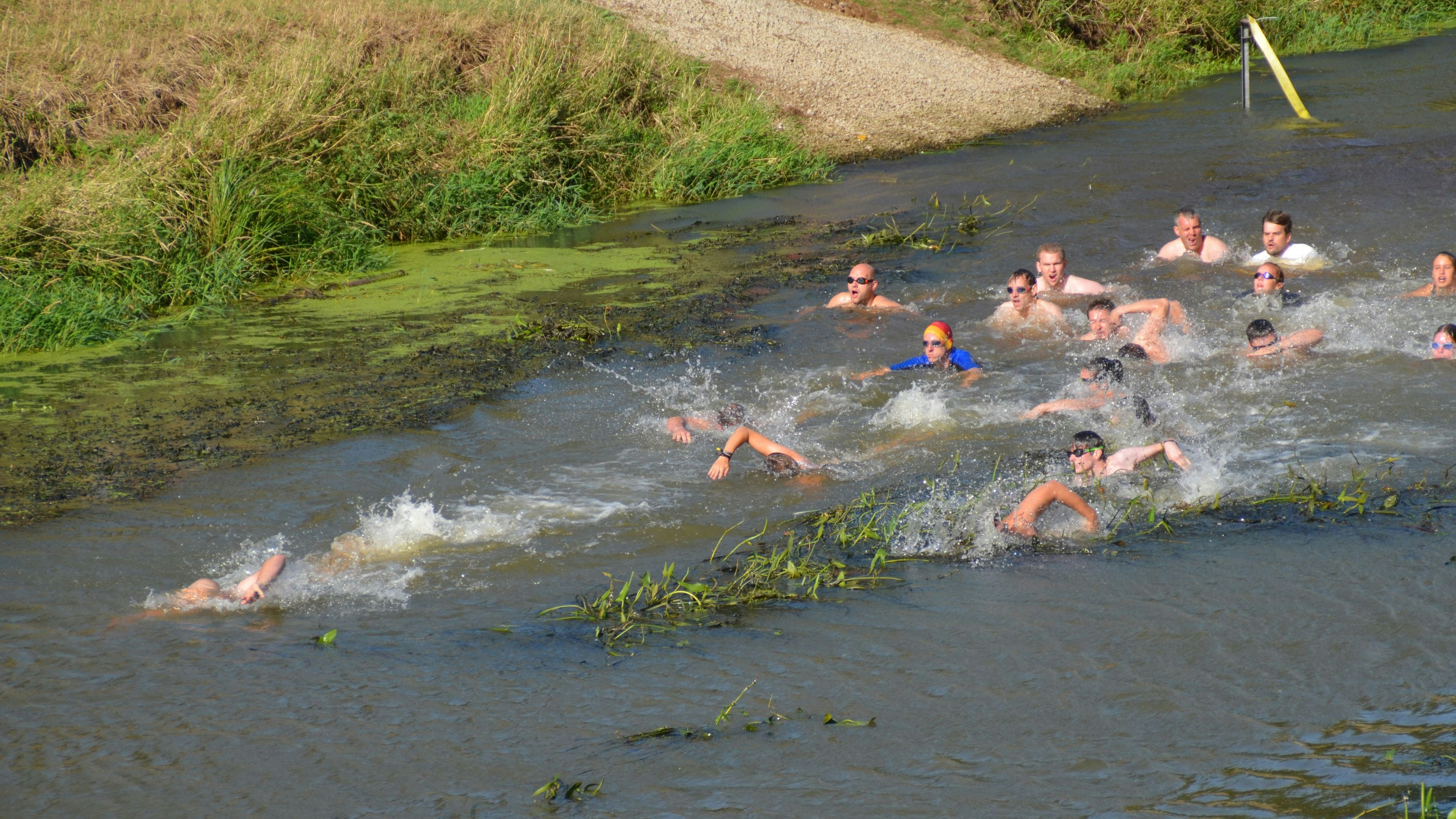 Stürzen sich in die Fluten für den guten Zweck: Rund 1 Kilometer schwimmen die Triathleten durch die Hase und starten dafür an der Elberger Brücke. Foto: SV Evenkamp