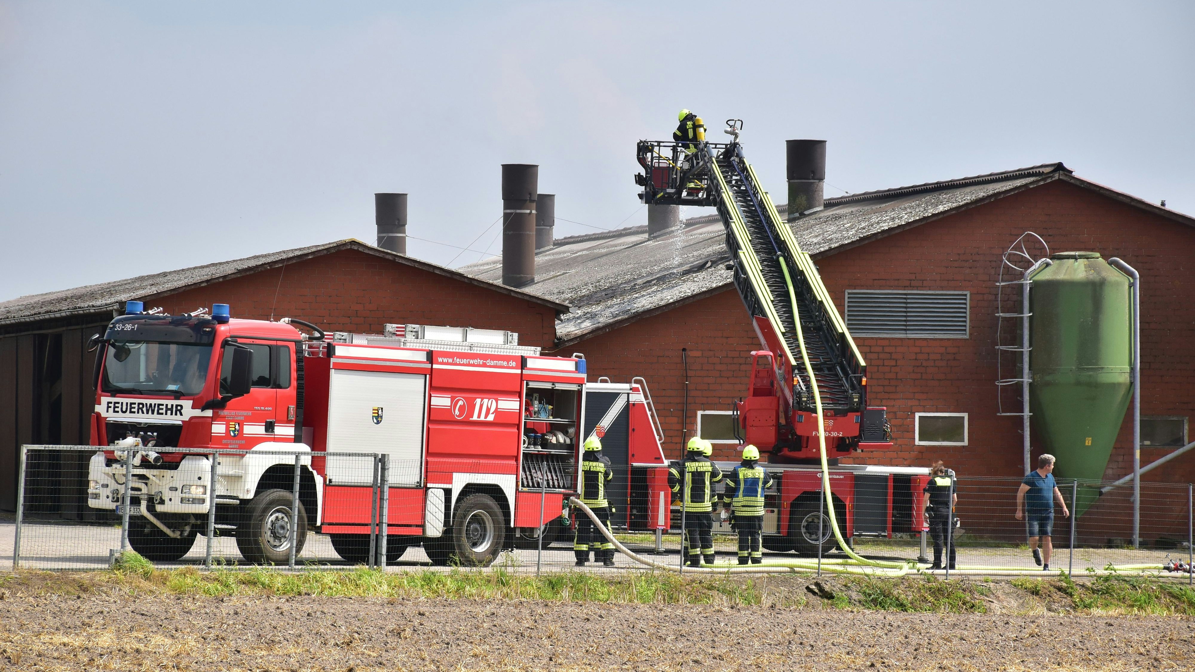 Alarm: Feuerwehrkräfte mussten ausrücken, um ein Feuer in einem landwirtschaftlichen Betrieb in Damme an der Vördener Straße zu bekämpfen. Foto: Lammert