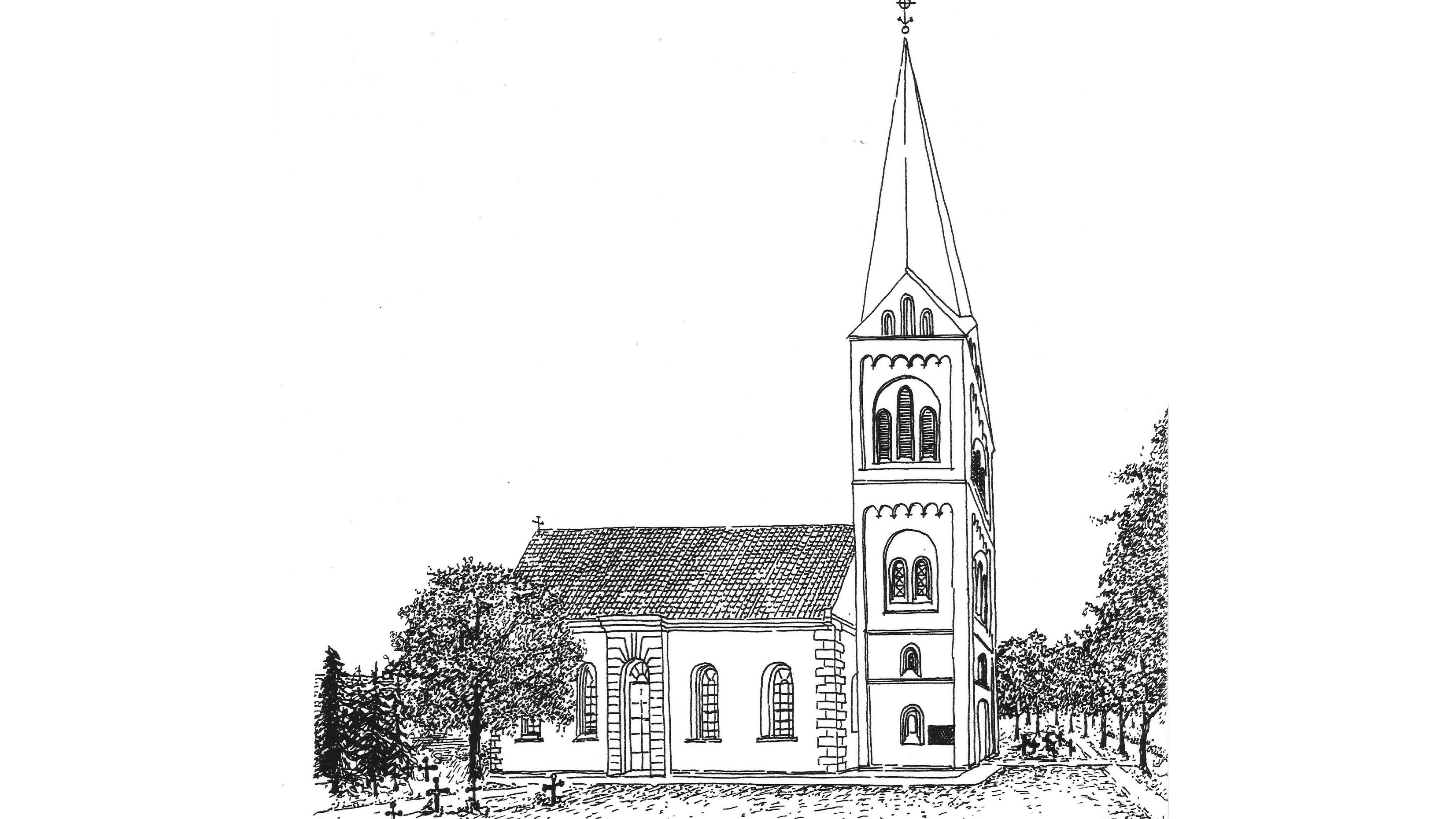 Kirche früher: St. Cäcilia Bösel im 19. Jahrhundert nach einer Zeichnung von Pfarrer Joseph Götting (1810 bis 1900). Zeichnung: Archiv Pille
