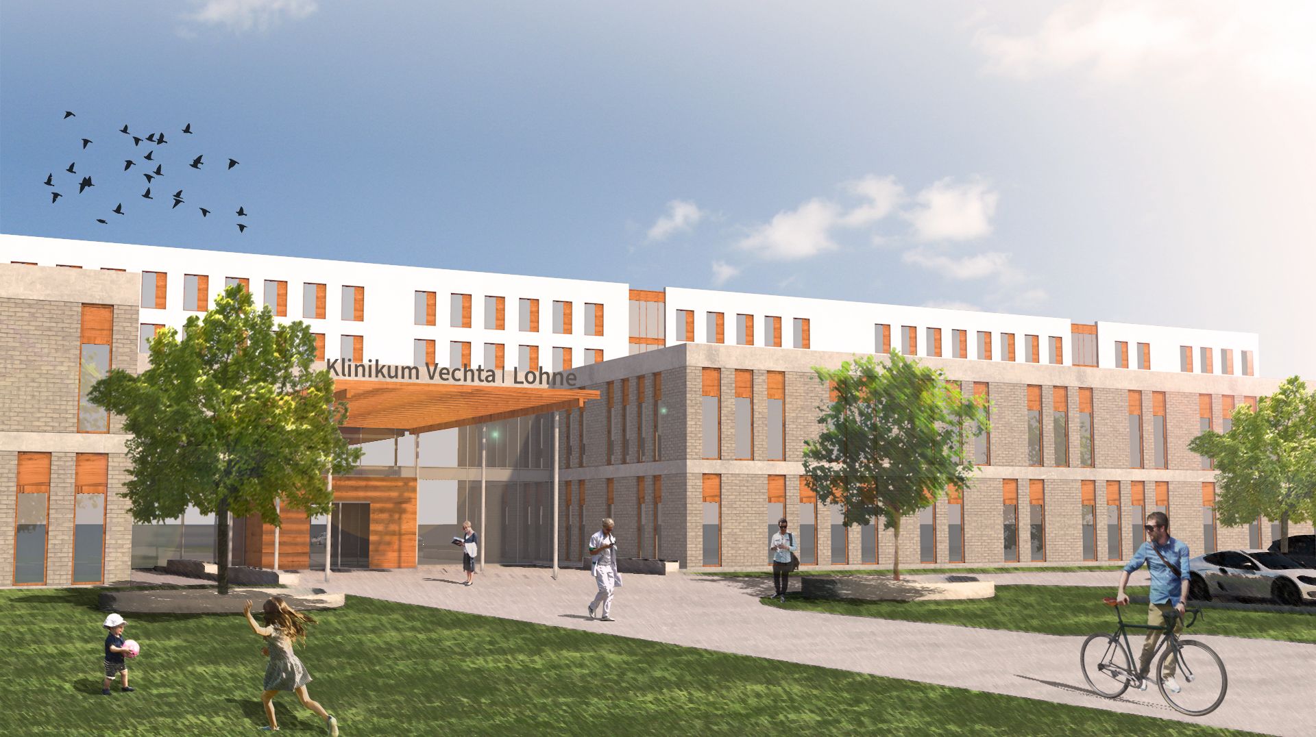 Erste Ansicht des neuen Klinikgebäudes, das die heutigen Krankenhäuser in Vechta und Lohne ersetzen soll. Foto: Marienhospital Vechta