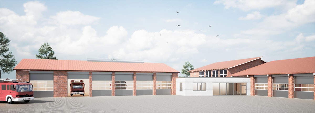 So soll es künftig aussehen: die Erweiterung des Feuerwehrhauses Lohne. Visualisierung: Architektur- und Ingenieurbüro Pölking und Theilen