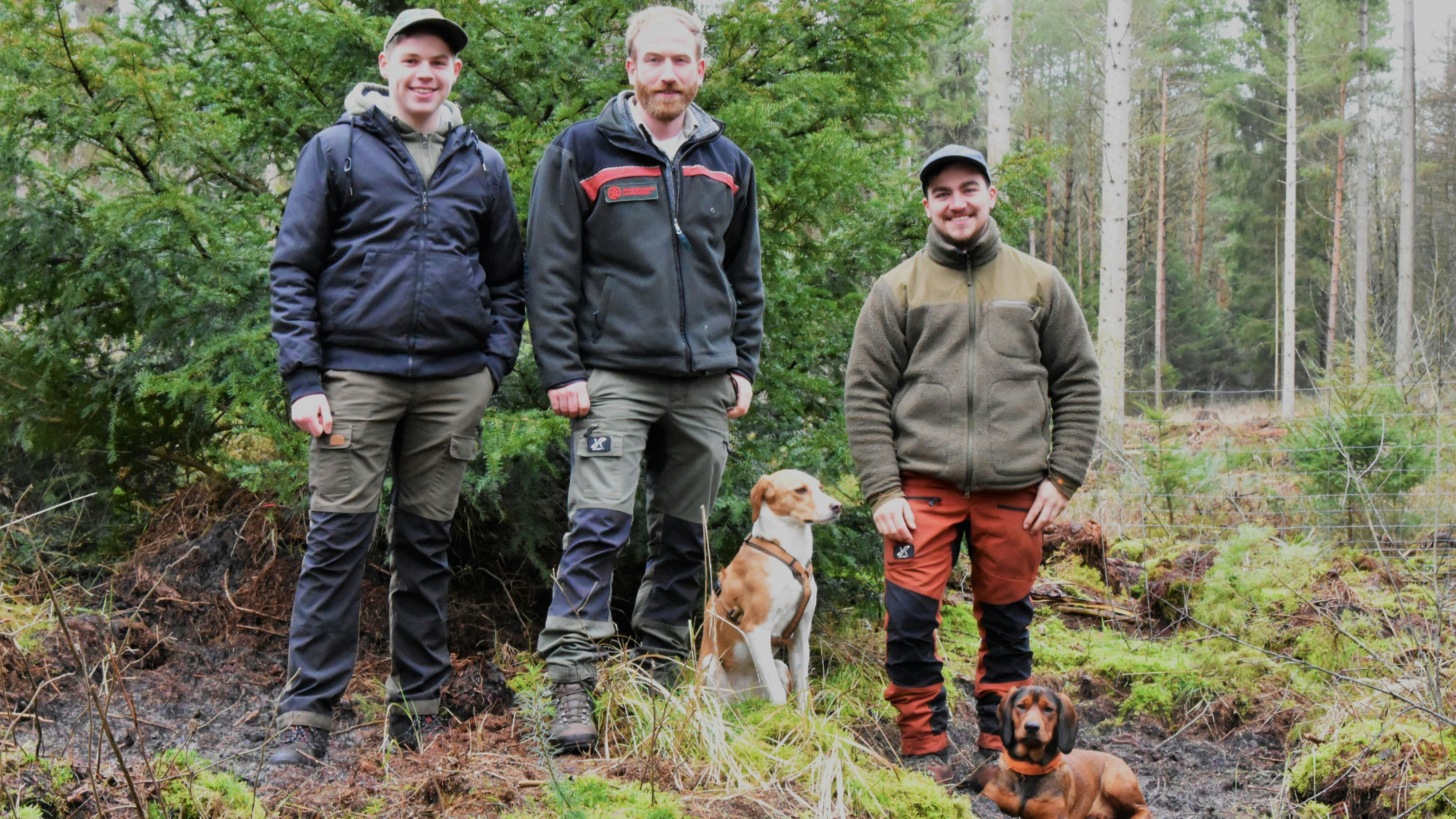 Die drei Männlein im Walde: Schüler Leo Lüken (von links), Revierförster Holger Funke und Student Micha Koschmieder begutachten mit den Hunden Mia und Urmel den Forst. Foto: Hahn