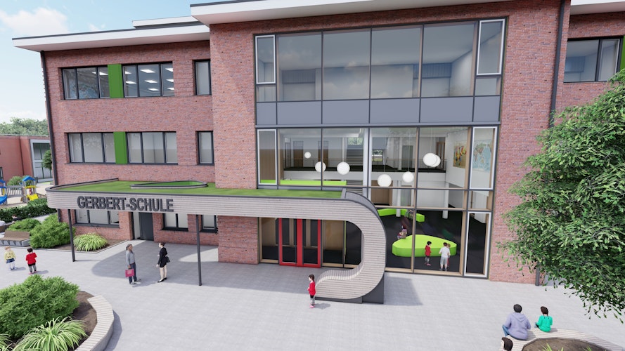 Visualisierung: So soll die neue Gerbert-Schule in Altenoythe aussehen. Mit der Fertigstellung ist aber nicht vor Sommer 2025 zu rechnen. Grafik: Bramlage Schwerter Architekten