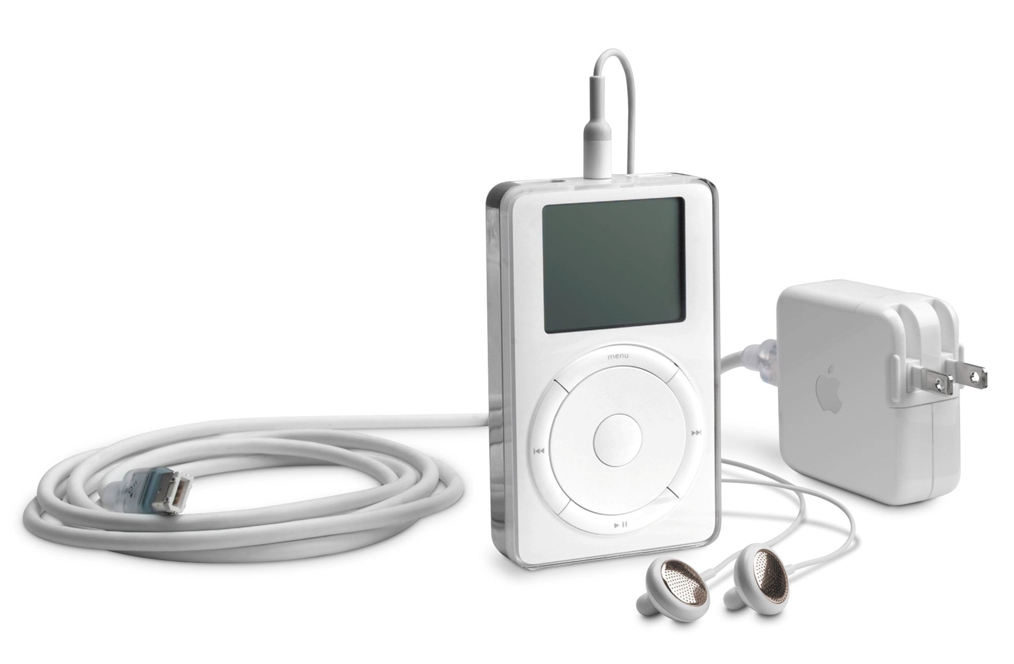 Der erste iPod, den der damalige Apple-Chef Steve Jobs am 23. Oktober 2001 vorgestellt hat, enthielt eine 5-Gigabyte-Festplatte und konnte dank MP3-Komprimierung rund 1000 Musikstücke speichern.&nbsp;Foto: dpa/Apple Inc.