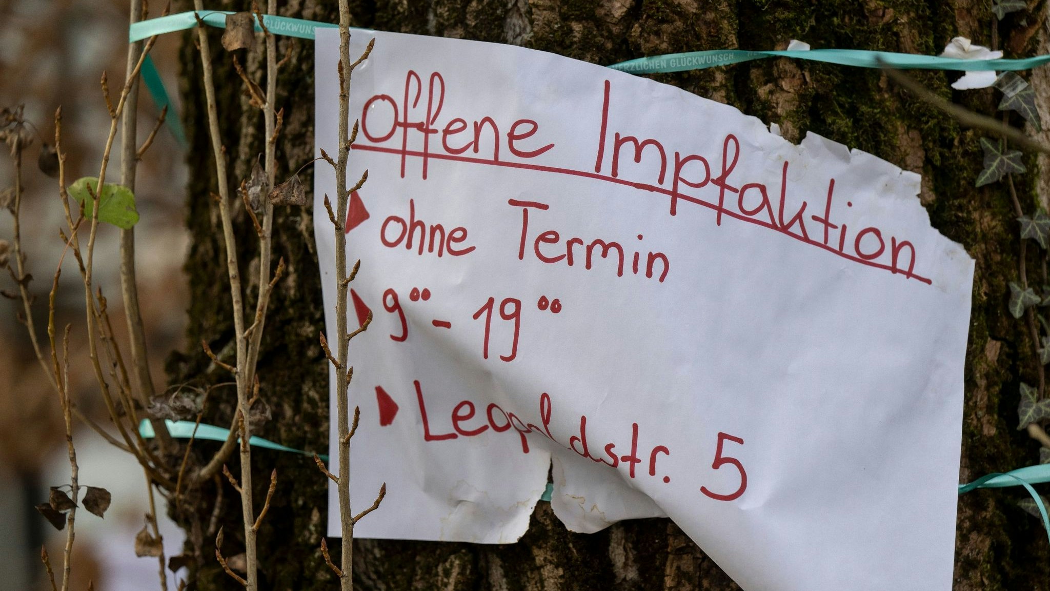 Ein Zettel mit der Aufschrift "offene Impfaktion" hängt an einem Baum in München-Schwabing. Foto: dpa/Kneffel
