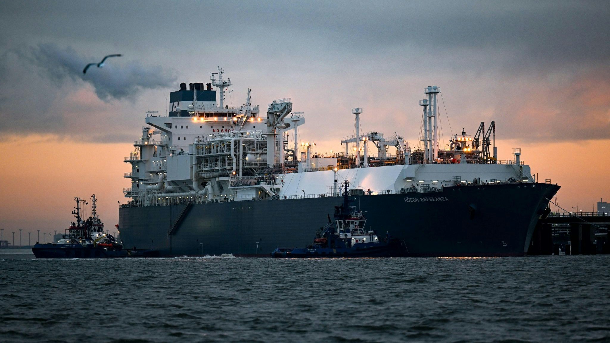 Das Spezialschiff „Höegh Esperanza“ wird in Wilhelmshaven angelegt. Es dient als schwimmende Plattform, um Flüssigerdgas (LNG) anzulanden und zu regasifizieren. Foto: dpa/Schuldt