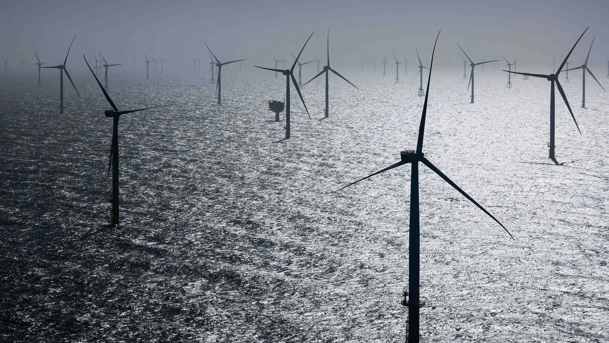 Zahlreiche Windräder, davon einige des neuen RWE-Offshore-Windparks. Foto: dpa/Charisius