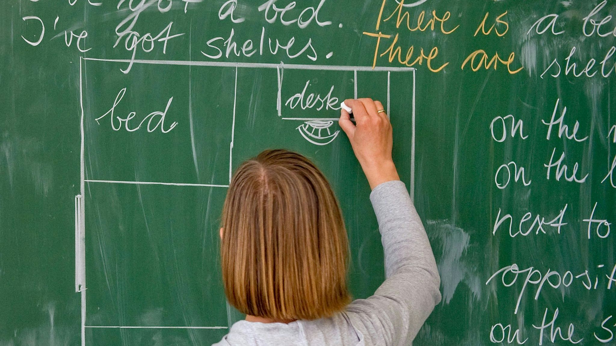Eine Lehrerin einer Grundschule schreibt in englischer Sprache an die Tafel. Foto: dpa/Pleul