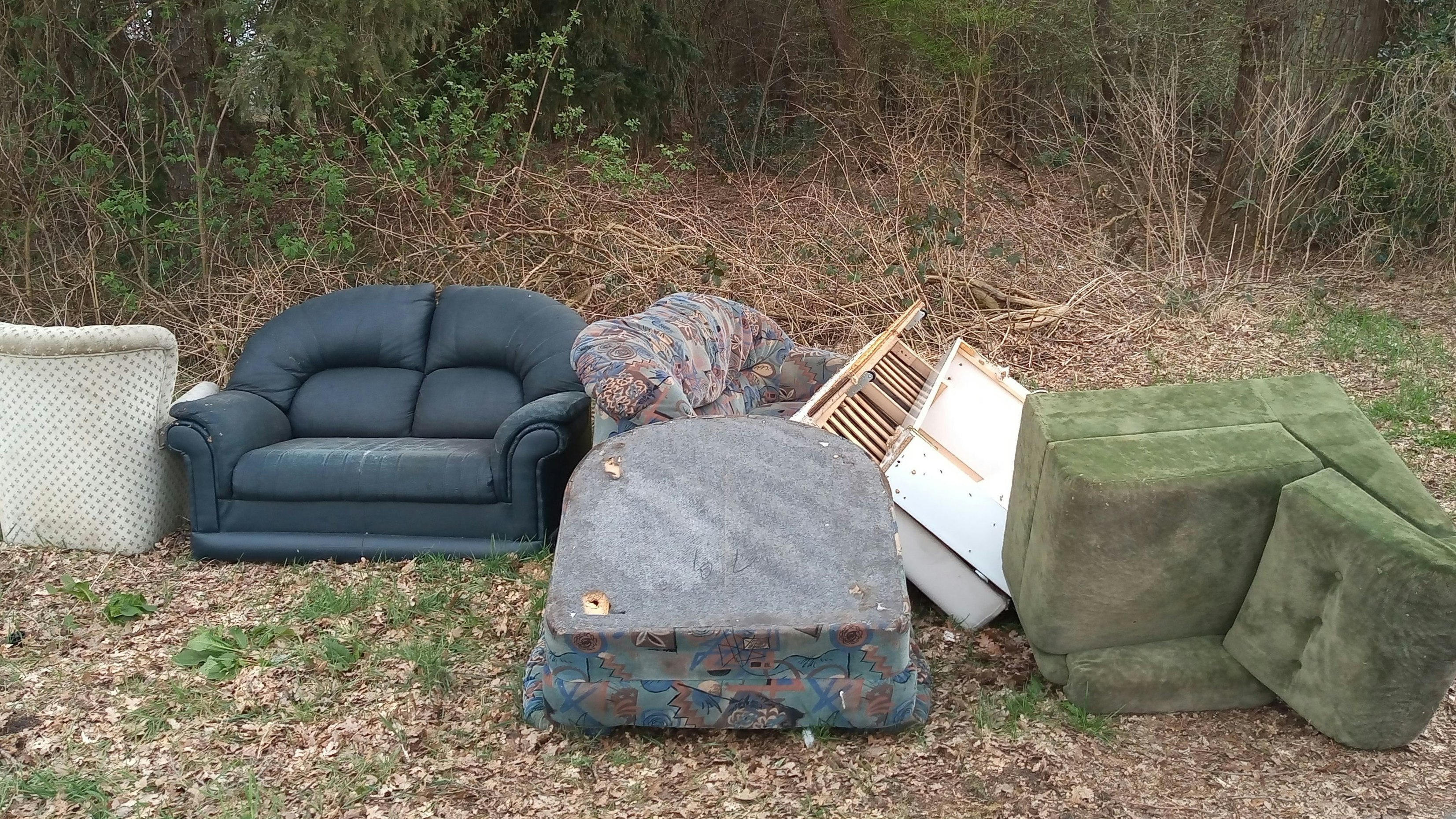 Ausgedient: Alte Sofas und Sessel und andere Möbelstücke wurden in der Waldeinfahrt an der Schwaneburger Straße abgelegt. Foto: Bolten