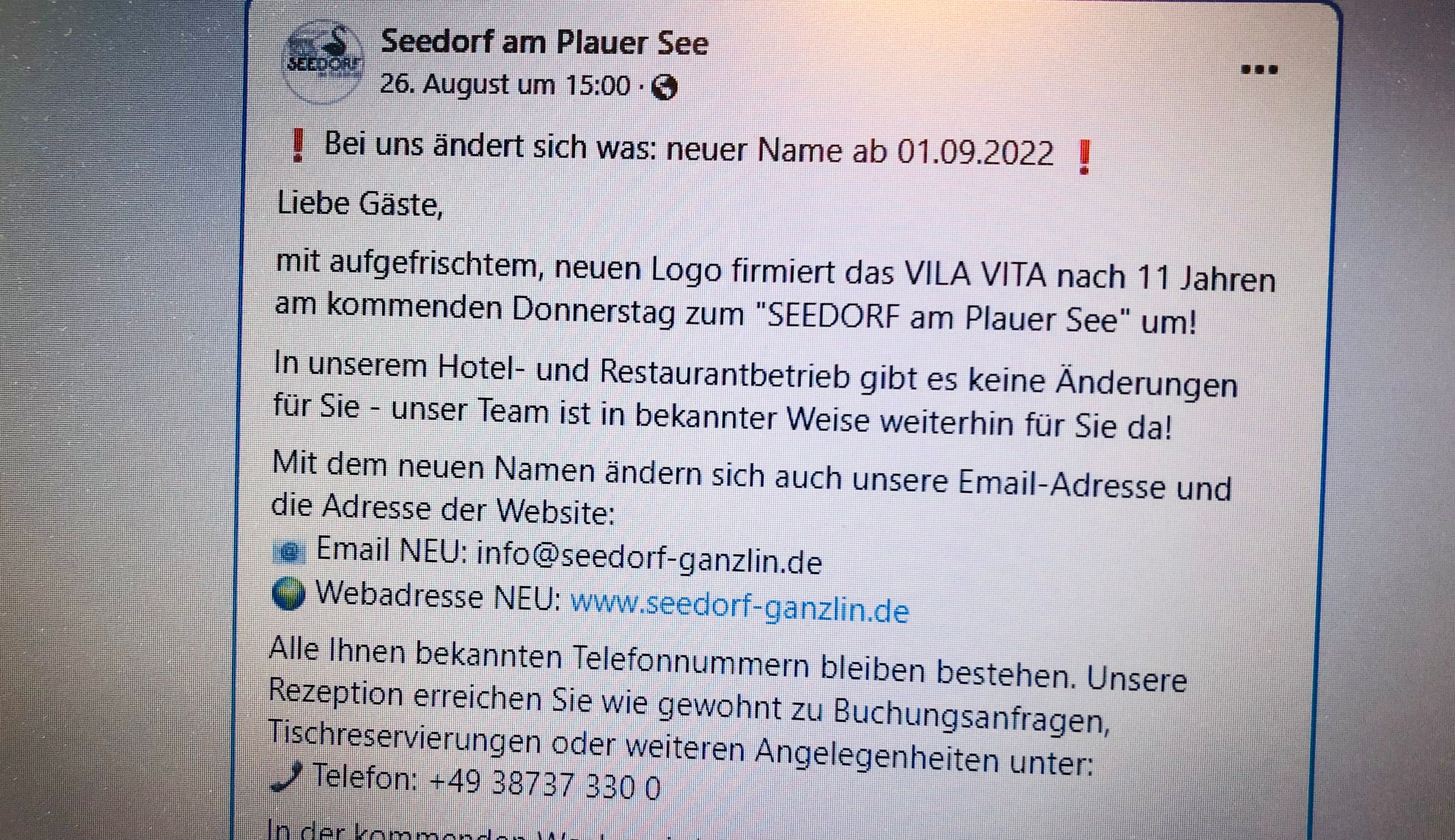 Ein unscheinbarer Facebook-Post – zumindest für Gäste: Das Hotel in Seedorf gibt die Namens- und Logänderung bekannt. Foto: Böckmann