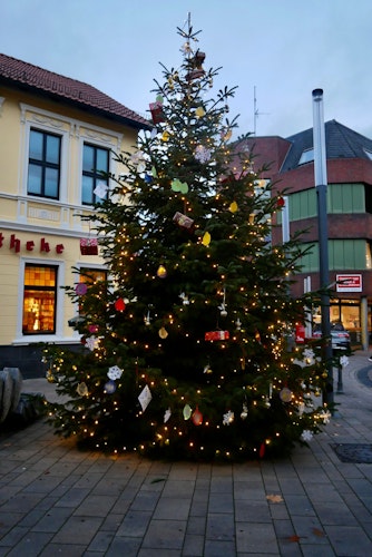 Der große Weihnachtsbaum in der Fußgängerzone wurde von den Kita-Kindern aus Cloppenburg geschmückt. Foto: Dickerhoff