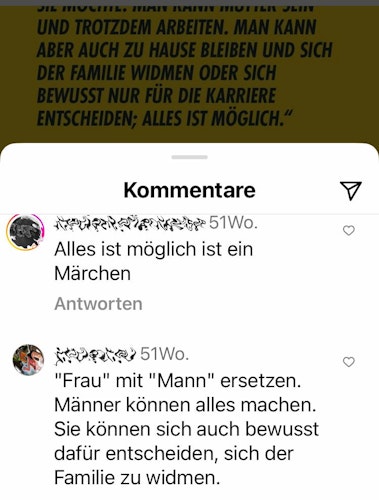 Reaktionen: Ein Zitat von Stella Böckmann, das ohne weiteren Kontext in den sozialen Medien gepostet wurde, hat zu verschiedenen Kommentaren geführt. Quelle: Instagram