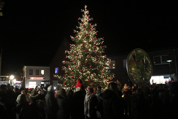 Wunderschön illuminiert: Der 9,70 Meter hohe Weihnachtsbaum vor dem Haus Leiber erstrahlt nun bis zum 2. Januar abends im Lichterglanz. Foto: Lammert