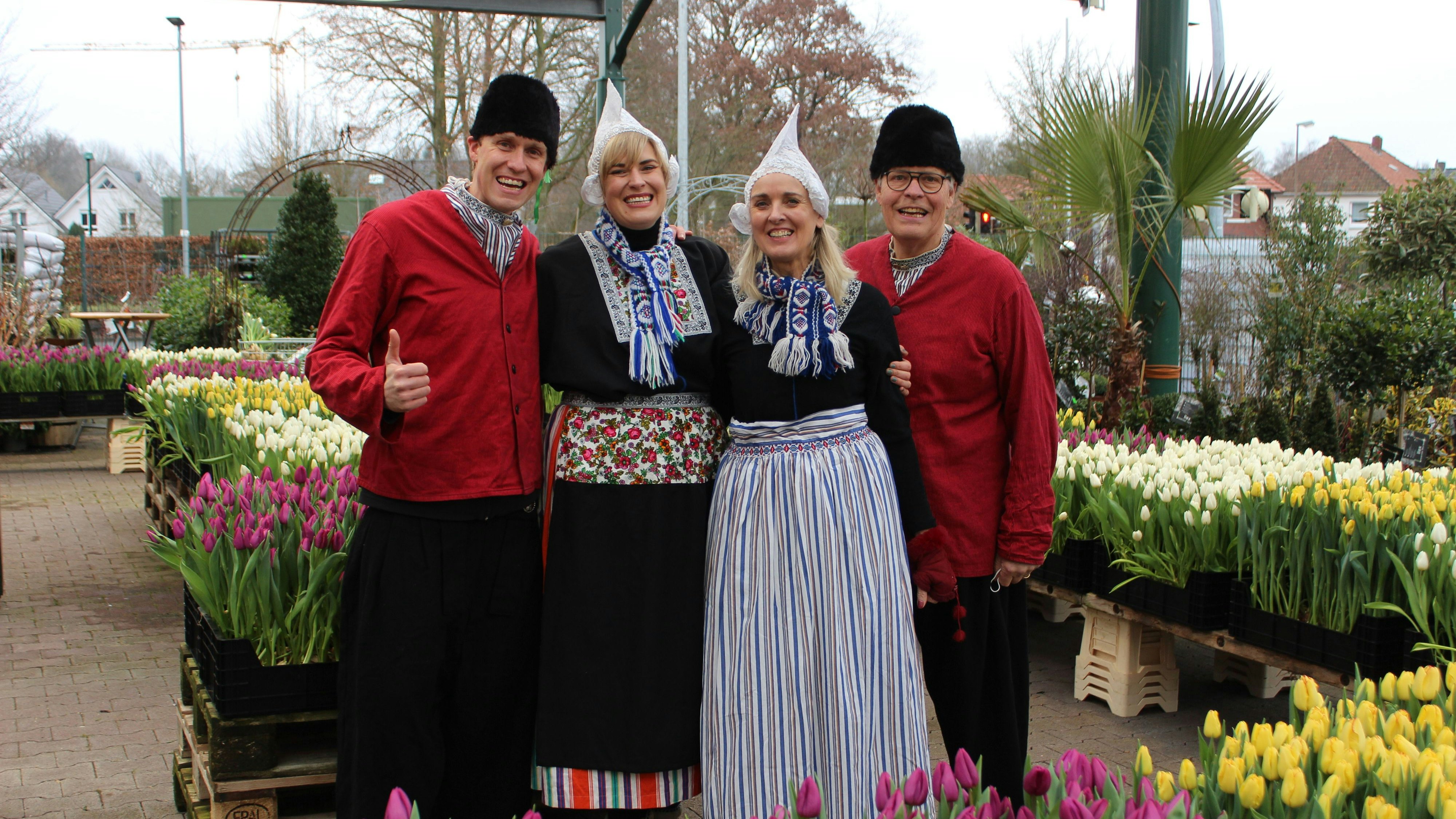 Rick, Marion, Els und&nbsp;Jan Schouten (von links) inmitten der Tulpen für den zweiten "Tulpenplukdag" aus Holland. Foto: Heinzel