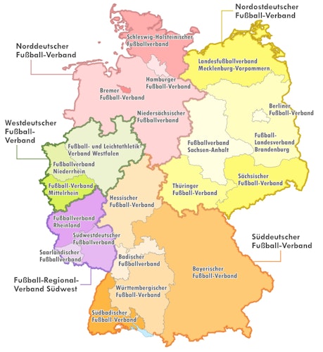 Fußball-Landkarte: Die fünf Regional- und 21 Landesverbände. Grafik: Muns  CC BY-SA 3.0