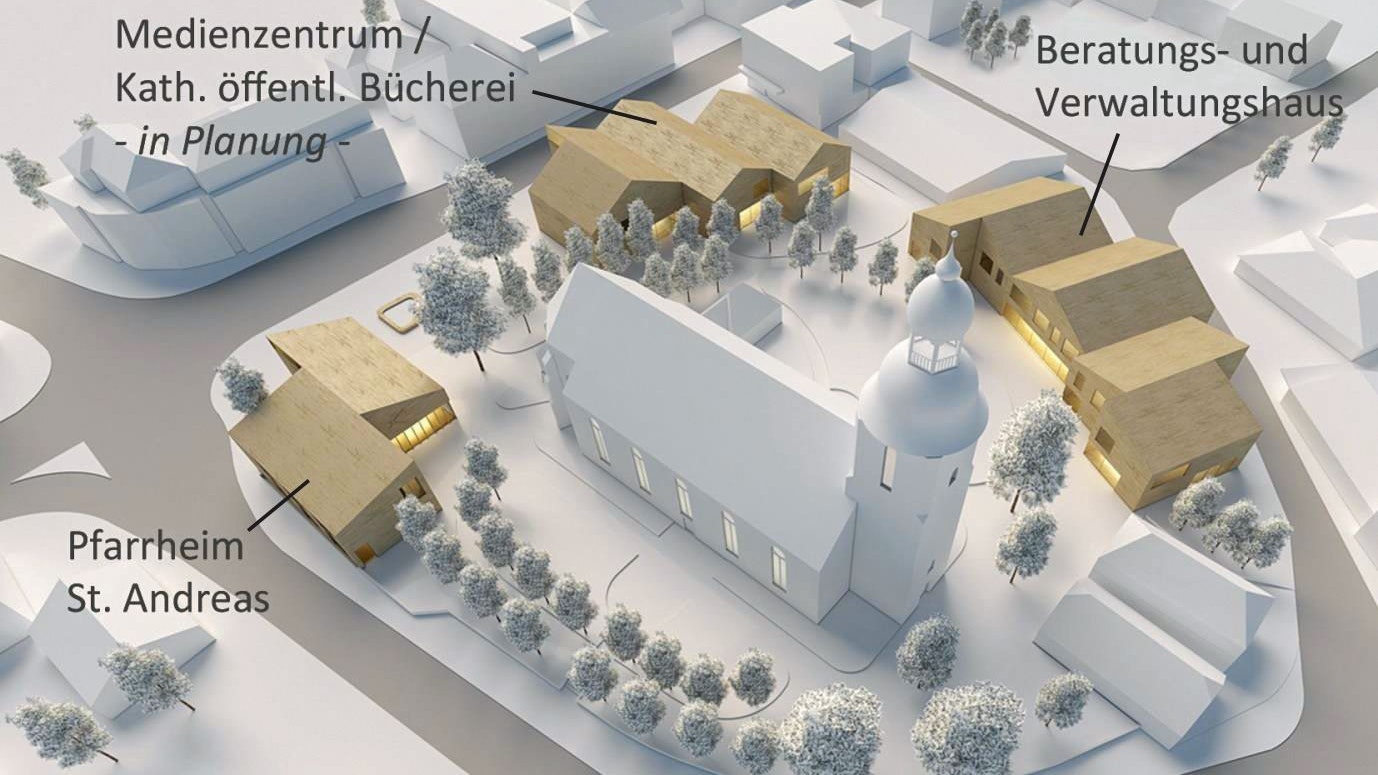 Rund um die Kirche: Die neuen Gebäude sollen an den Rändern des Vorplatzes entstehen.&nbsp; Entwurf: kbg architekten