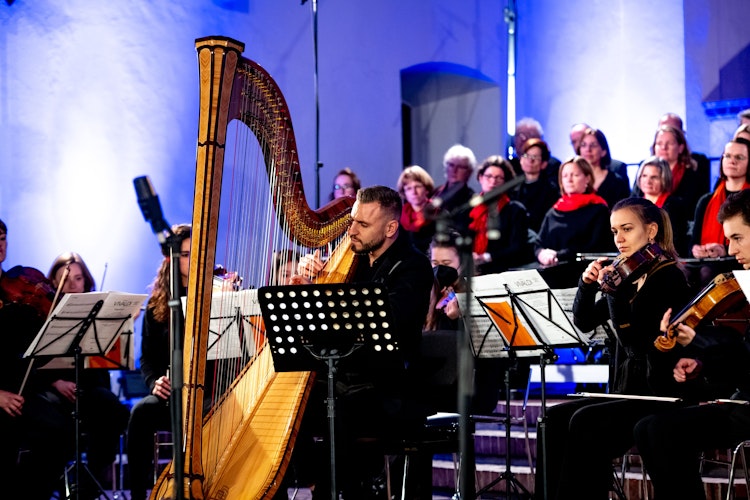 Außergewöhnliches Gastspiel: Harfenist Joel von Lerber inmitten der Musiker des Joseph-Joachim-Orchesters. Foto: Chowanietz
