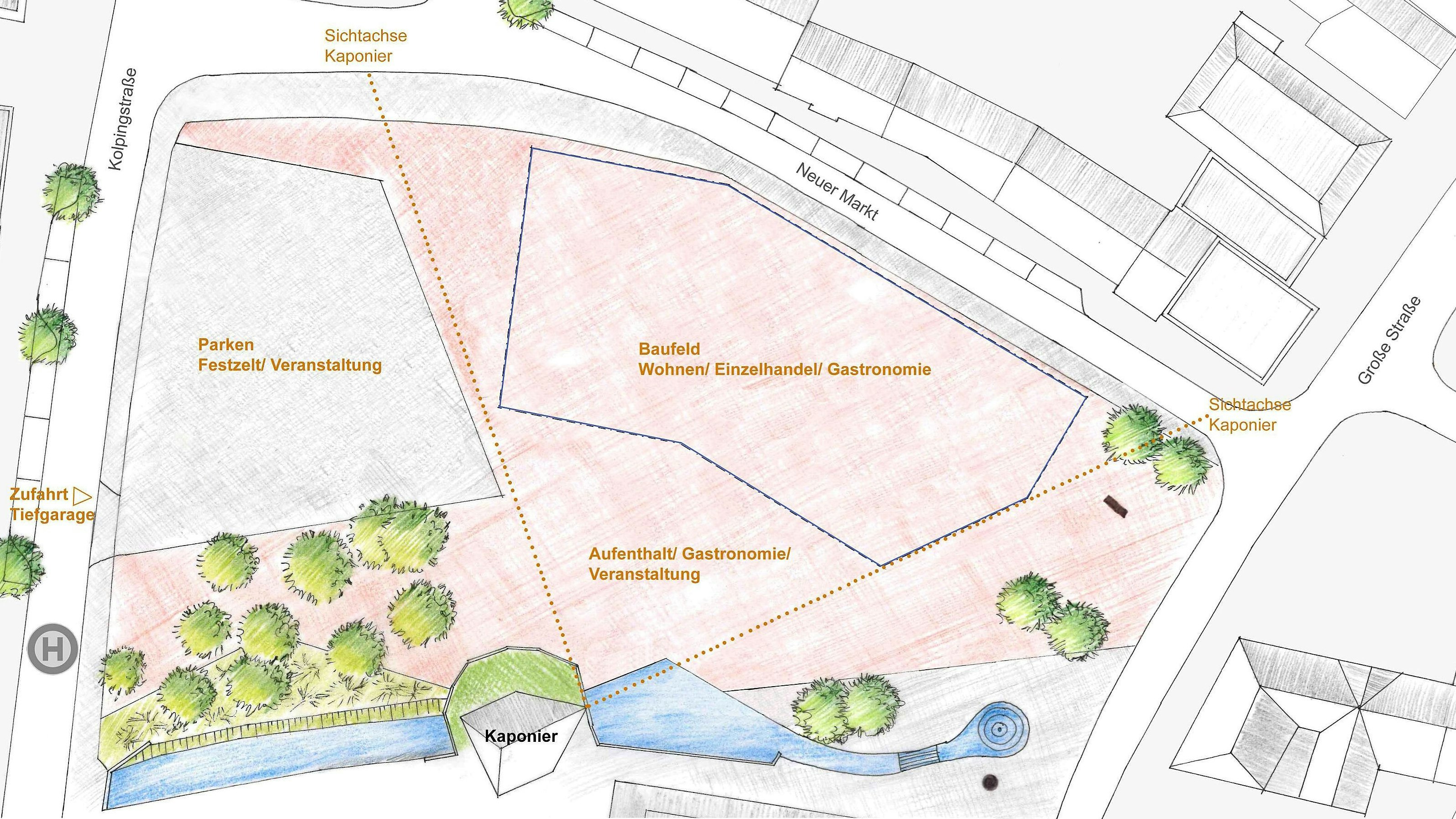 Das Baufeld: Den blau markierten Bereich will die Stadt für einen Neubau vergeben. Der gesamte, farblich hervorgehobene Bereich soll neu gestaltet werden. Grafik: Stadt Vechta