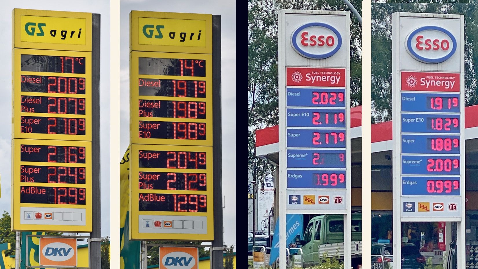 Die Preise an Tankstellen in Cloppenburg (GS) und Friesoythe (Esso) um die Mittagszeit am 31. Mai (linke Säule), und am 1. Juni (rechts).&nbsp; Montage/Fotos: von der Heide / Kühn / Wimberg
