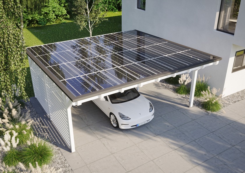Wer auch seinem Auto den bestmöglichen Schutz bieten will, setzt auf ein Solarcarport, das schon bei einer Größe von 6 x 6 m genug Strom für die Versorgung eines durchschnittlichen 4-Personen-Haushaltes erzeugen kann. (Foto: epr/Solarterrassen &amp; Carportwerk GmbH)