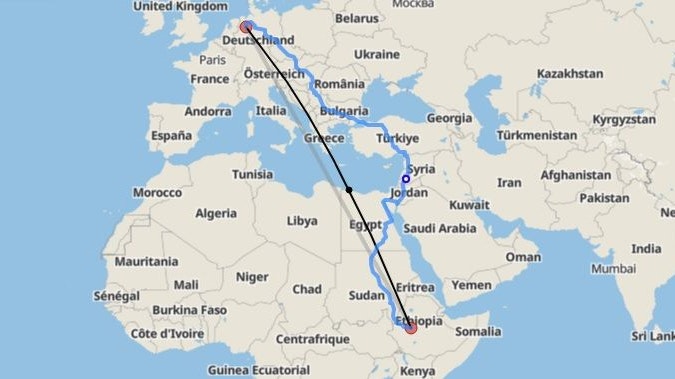 Von Damme nach Ijaji: Dieselbe Entfernung wollen die Rot-Weißen bei ihrer SgH-Aktion laufen. Screenshot: luftlinie.org