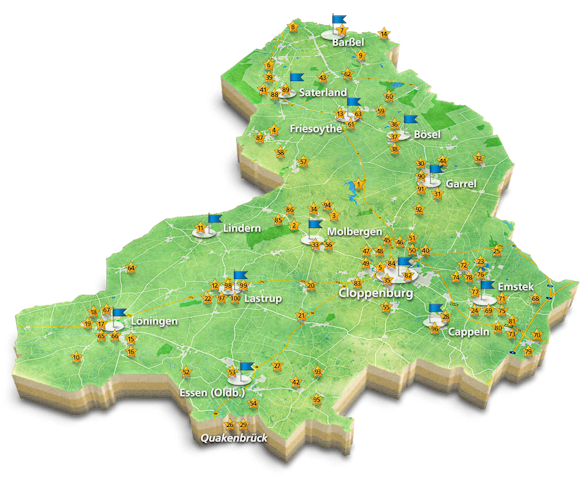 Die 100 QR-Codes sind im gesamten Landkreis verteilt. Karte: © VR-Bank in Südoldenburg
