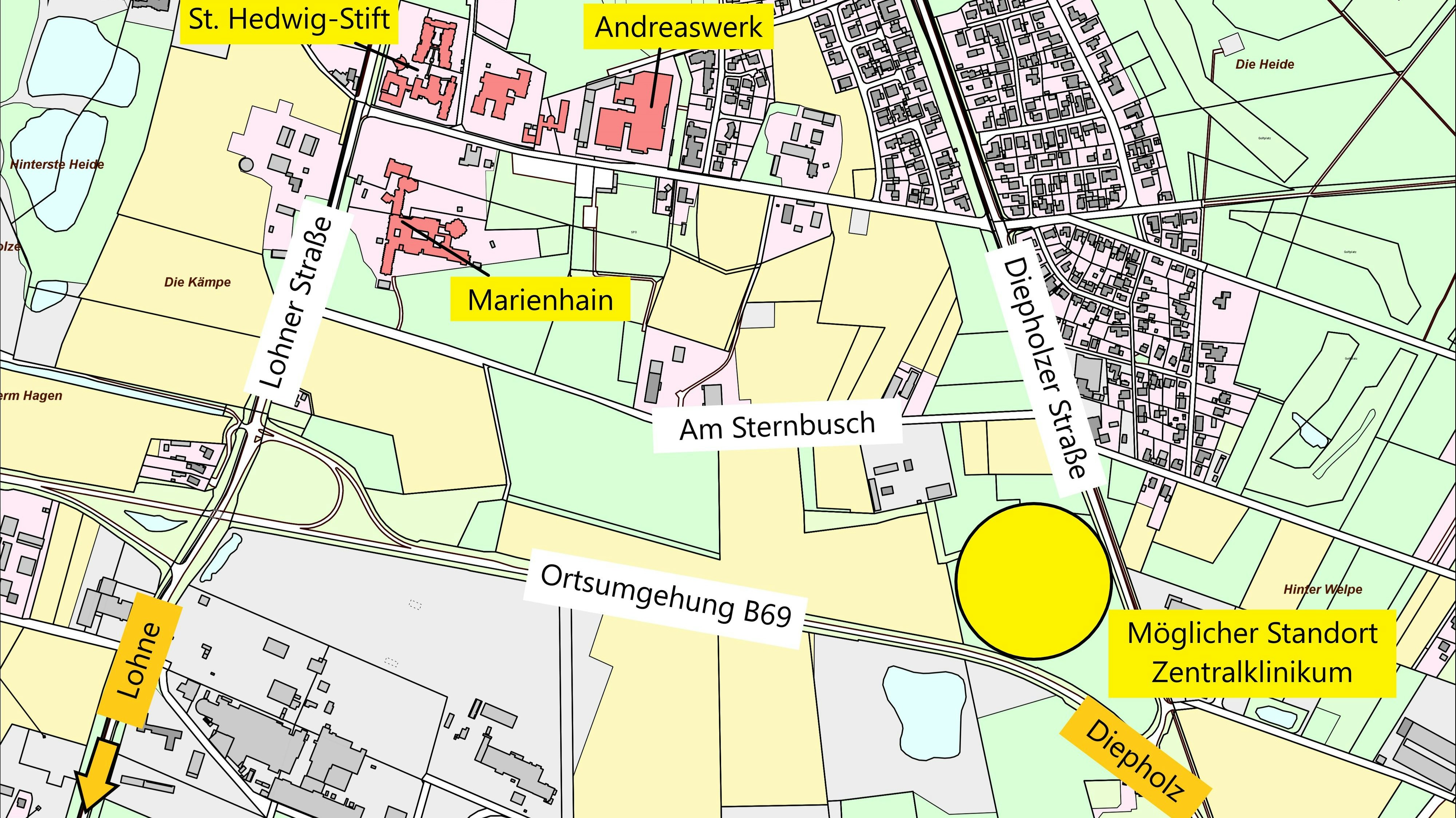 Hier (siehe gelber Kreis), zwischen Bundesstraße 69 und Diepholzer Straße in Vechta, könnte das geplante Zentralklinikum Vechta-Lohne gebaut werden. Grafik: Stadt Vechta/Kläne&nbsp;