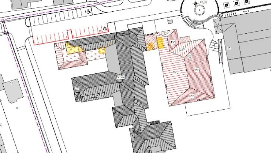 Hier entsteht der Neubau sowie ein möglicher neuer Verwaltungstrakt (beides rot gestrichelt). Grafik: © Bramlage Schwerter Architekten“