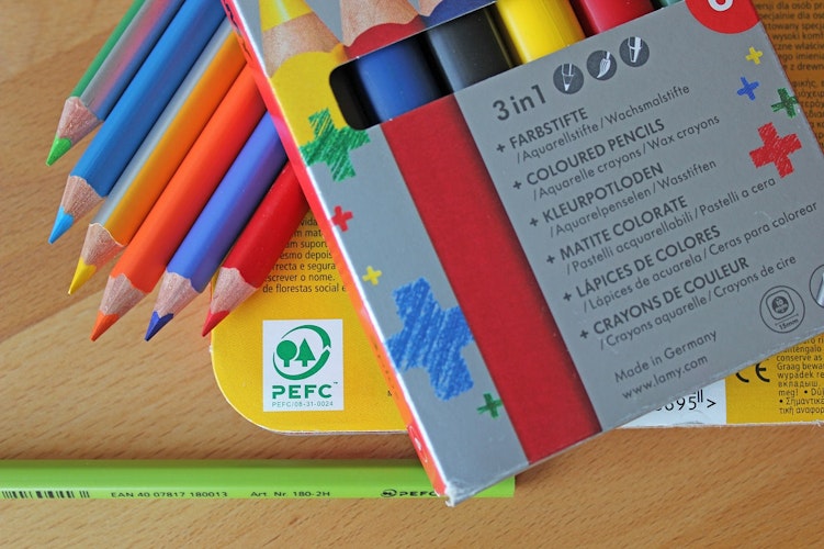 Schulbedarf wie Buntstifte gibt es mit dem Nachhaltigkeitssiegel. Foto: djdPEFC 